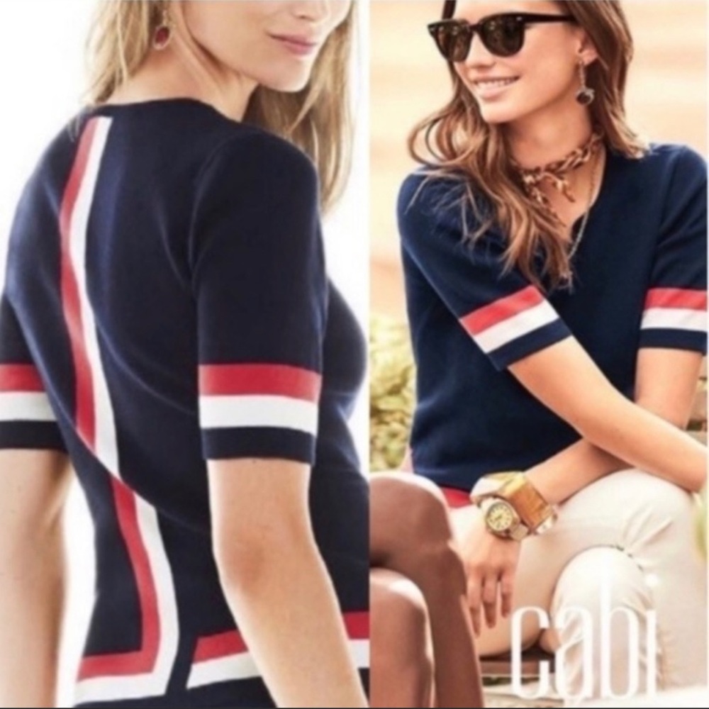 Cabi Navy Blue Hampton She'll Knit Short Sleeve Color
Block Sweater Size Medium